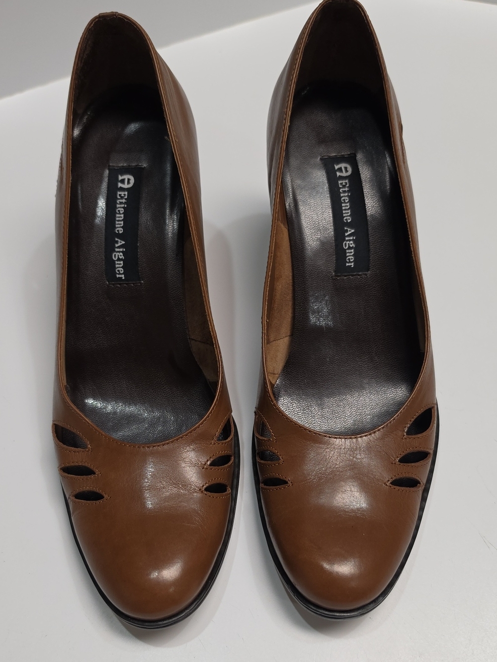 Vintage Etienne Aigner Leather Cutout Pumps - Brown Mid-Heel Block - Size 10